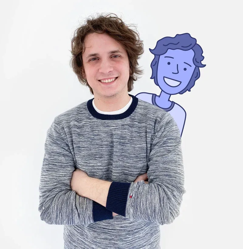 Ramiro Olivera, Engineering at Canny, with arms crossed posing with a Canny mascot illustration
