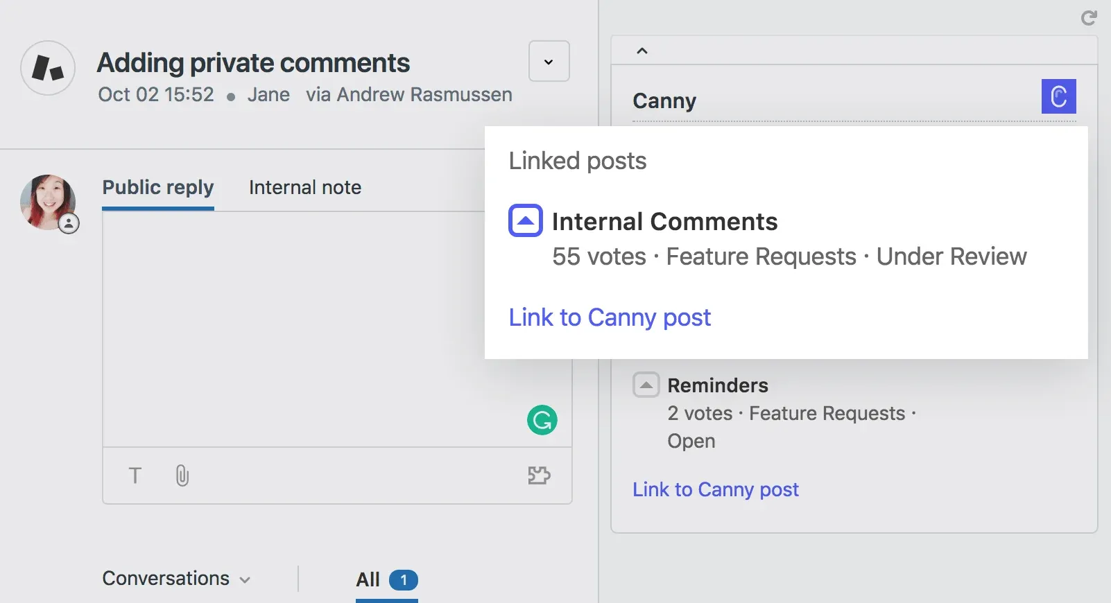 Zendesk ticket with Canny sidebar panel showing linked feedback posts and voter counts
