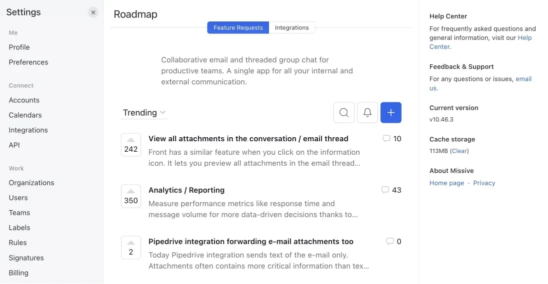 Missive app Settings panel with an embedded Canny Roadmap showing trending Feature Requests including Analytics/Reporting with 350 votes