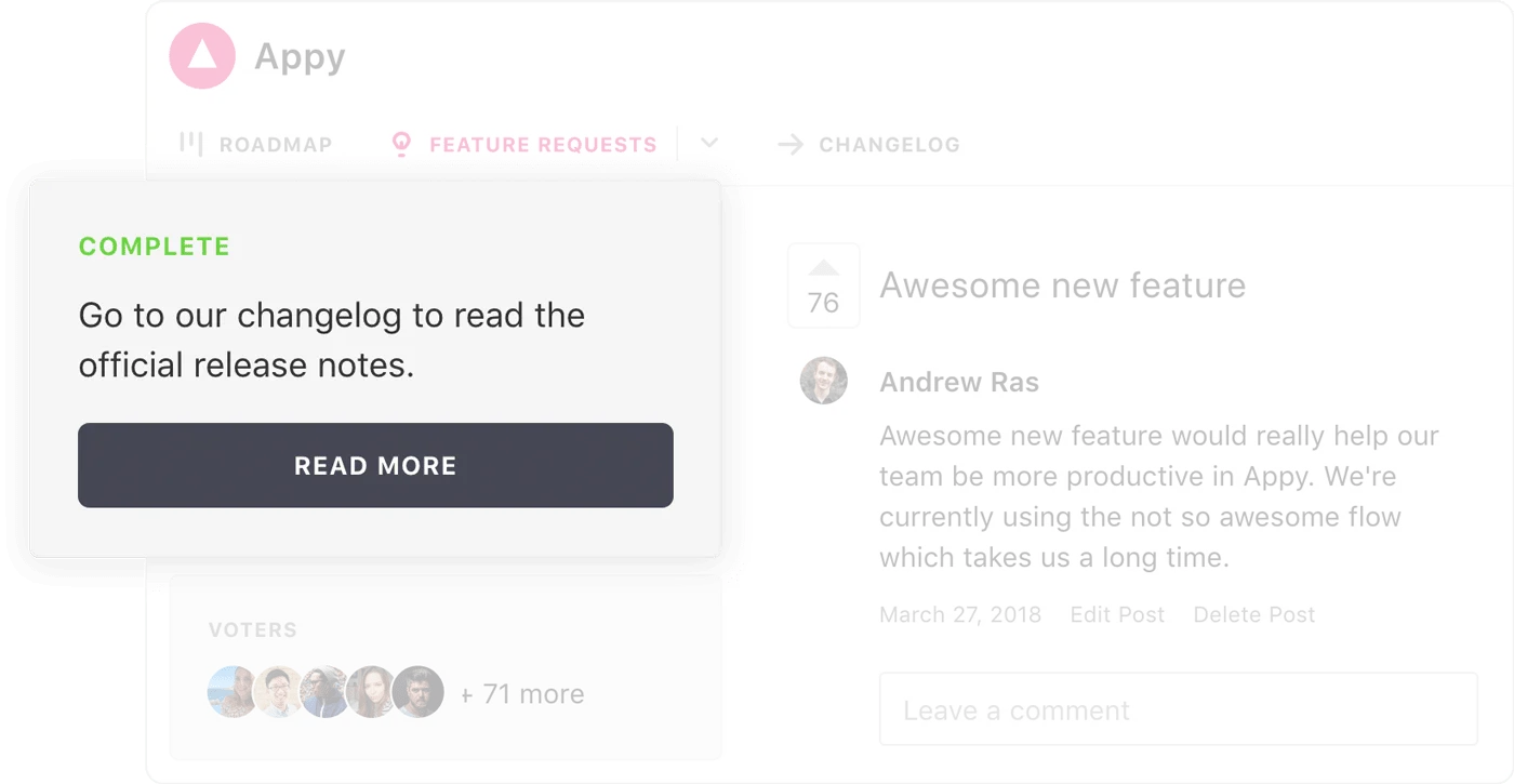 In-app alert for users to review release notes in the changelog, closing the feedback loop.