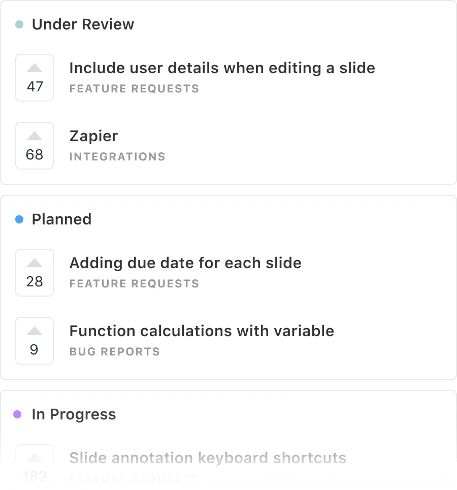 A list of tasks under review, planned, and in progress in Canny