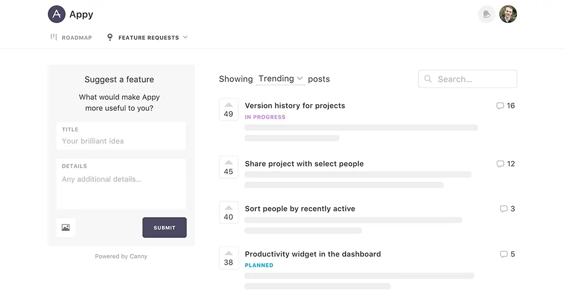 Canny's product, where users can post, comment, and vote on feature requests