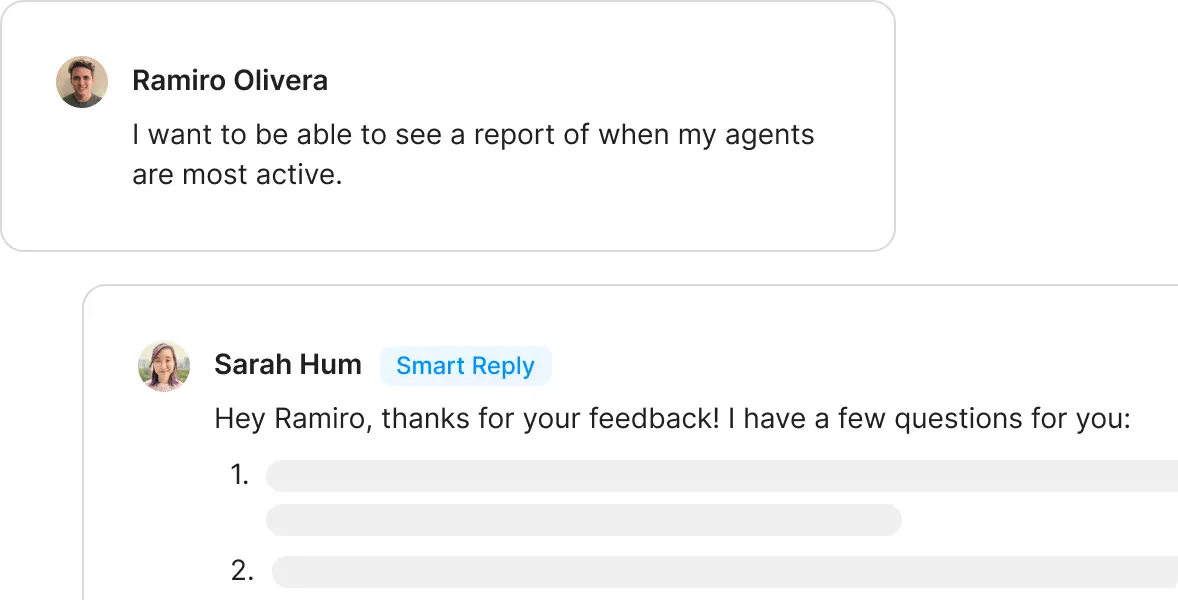 A user requests a feature and an automatic reply is sent asking for more details.