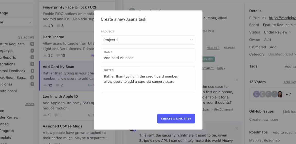 "Create a new Asana task" dialog with Project (Project 1), Name (Add card via scan), and Notes fields