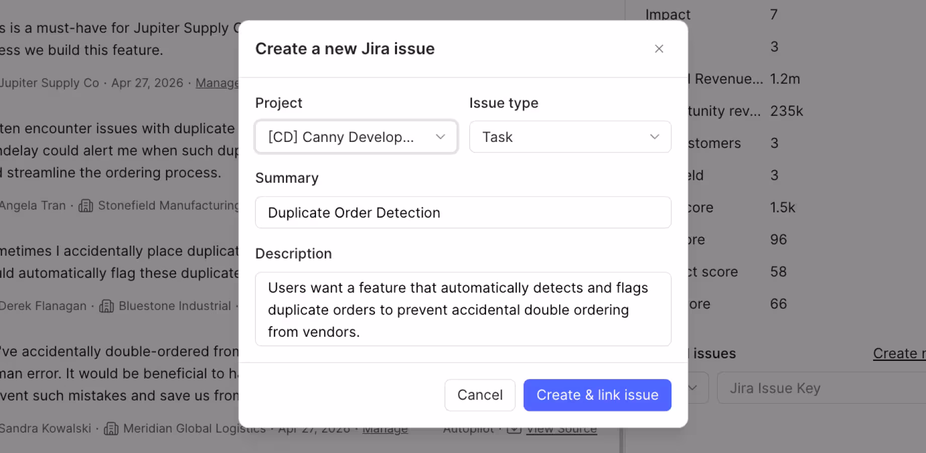"Create a new Jira issue" dialog in Canny with project, issue type, summary, and description fields