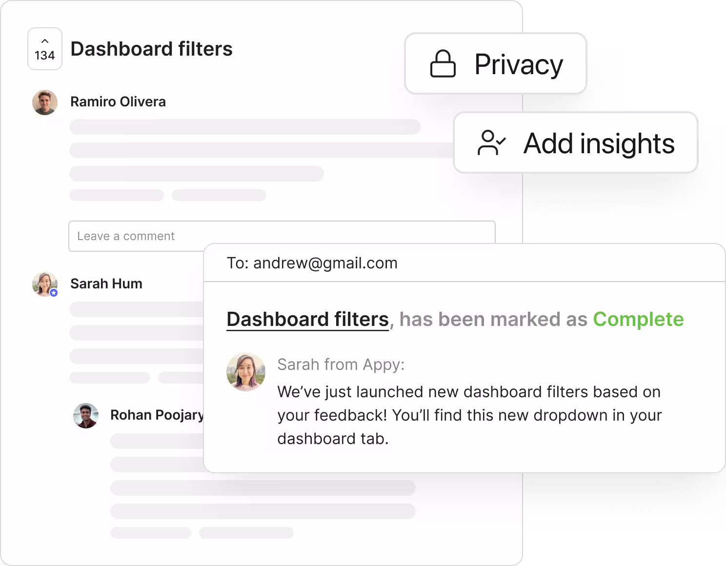 A feature request on a Canny Portal with votes and customer comments, alongside an email notifying a customer that the request is complete.