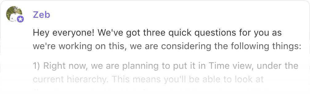 Canny post comment from ClickUp team member Zeb asking users three questions about an upcoming feature during development