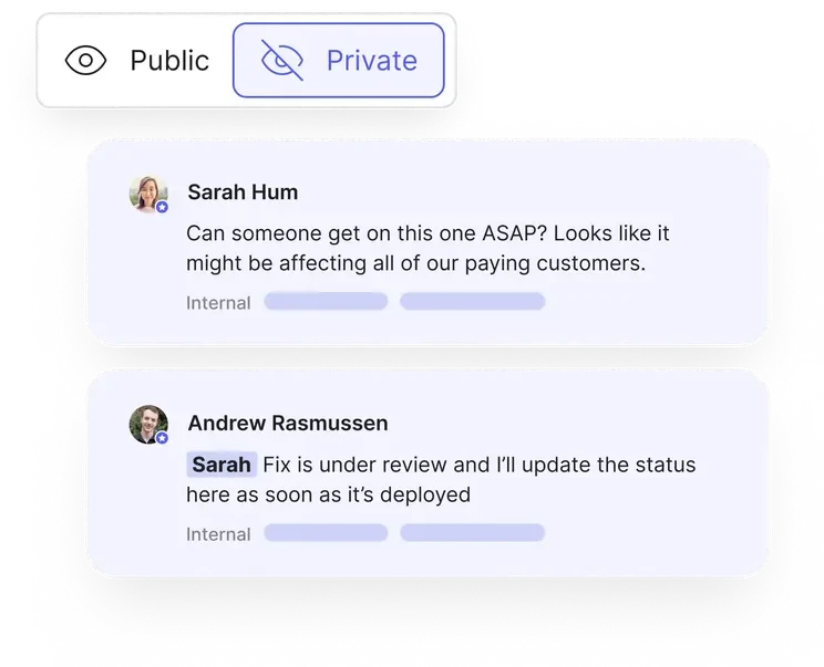 A private post with an internal conversation about getting a fix reviewed and out to customers.