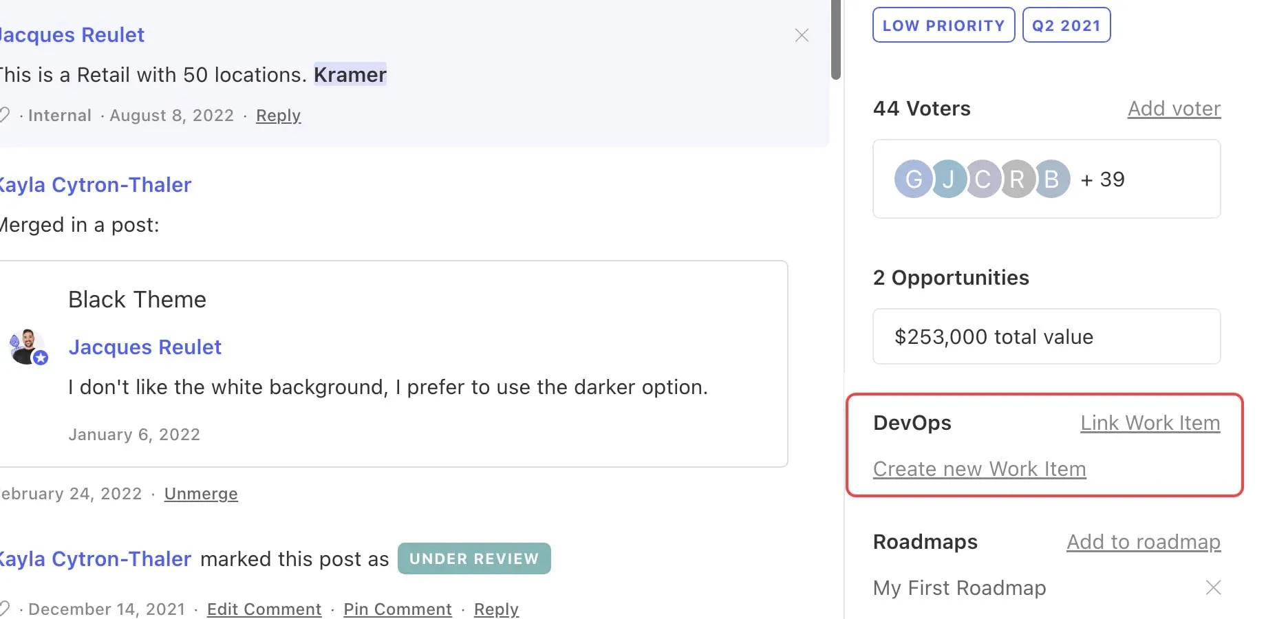 Canny post detail sidebar showing 44 voters, 2 revenue opportunities ($253,000 total), and a DevOps "Link Work Item" button
