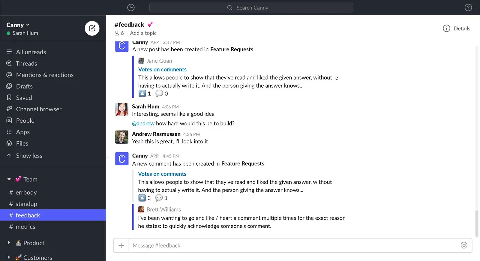 Canny bot notifications displayed in Slack #feedback channel showing new feature requests and comments