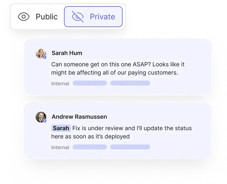 A private post with an internal conversation about getting a fix reviewed and out to customers.